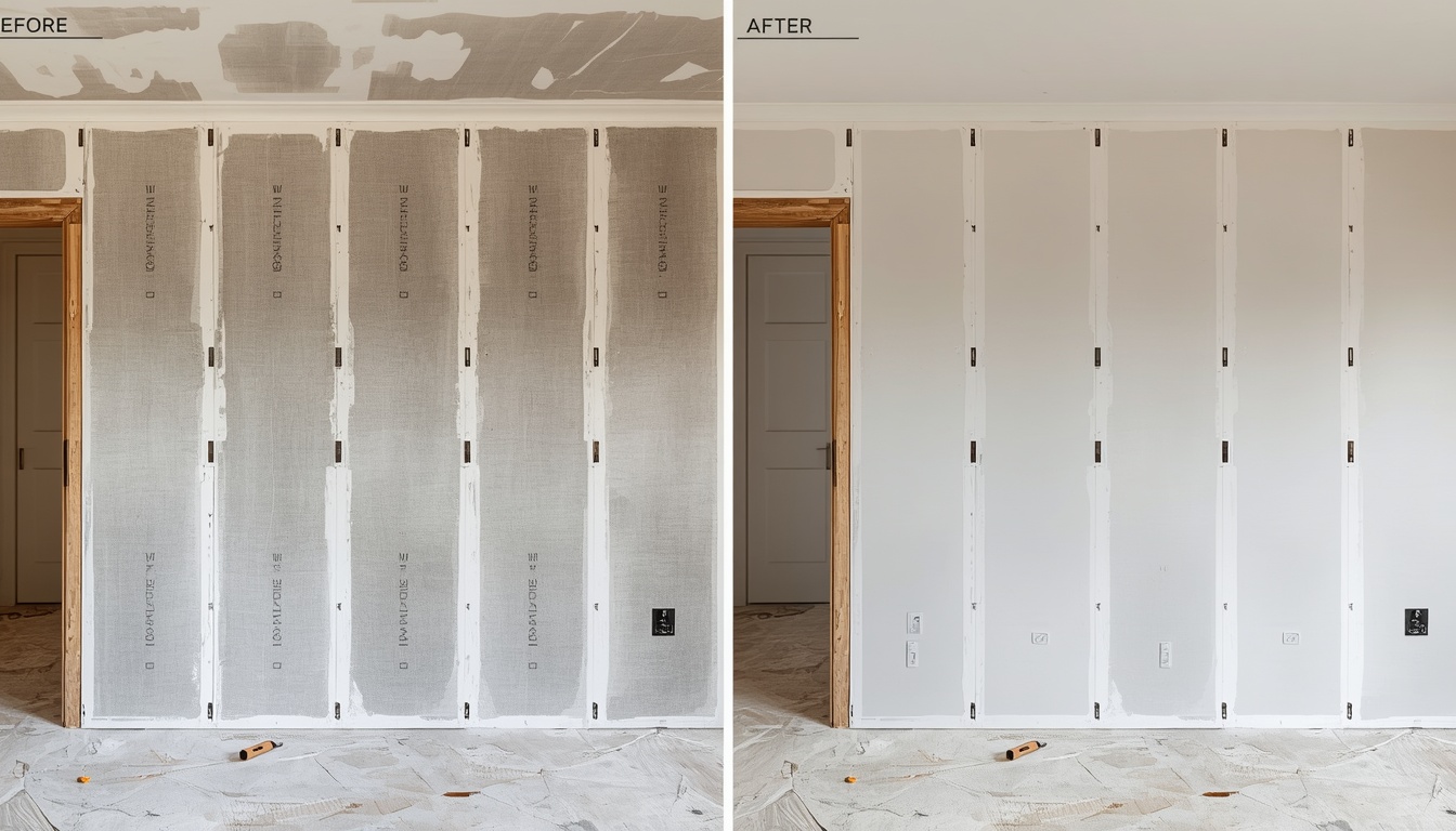 Before and after of a new-build partition wall in Chelmsford — metal stud framing to skim-finished plasterboard