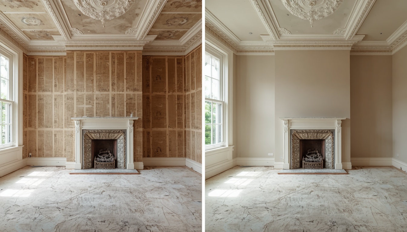 Before and after of a Victorian living room re-plaster in Moulsham Chelmsford